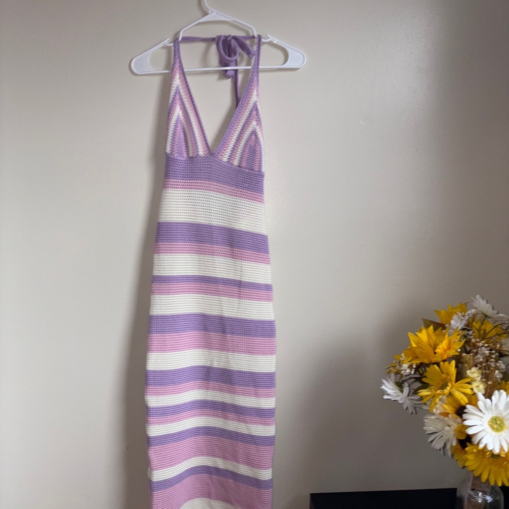 Striped Purple and White Halter Dress